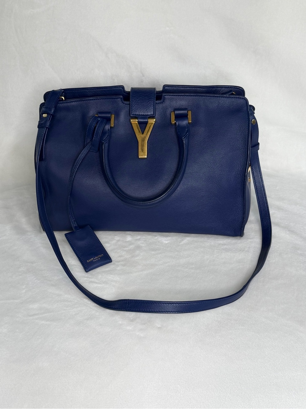 Saint Laurent Y Cabas Blue Leather Satchel with Gold Y Detail